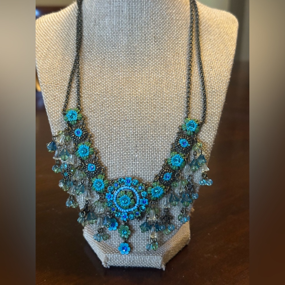 MX Signed Gothic Aqua Blue Beaded  Design Necklace Michael Morrison 80s